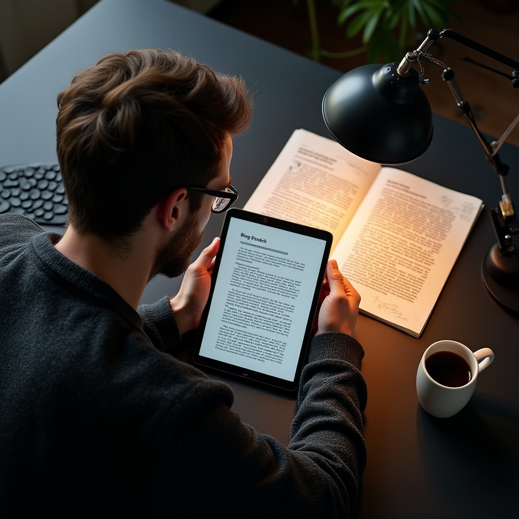 Redaktionsarbeitsplatz mit geöffnetem Blog und Notizbuch