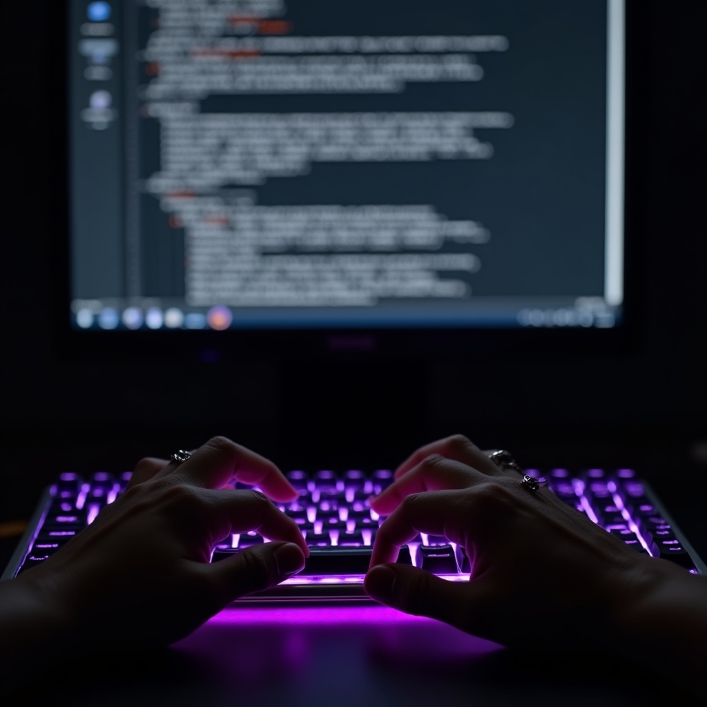 Nahaufnahme von Händen beim Schreiben auf Tastatur, Bildschirm mit KI-Analyse im Hintergrund